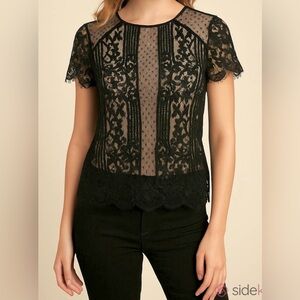 Express Black Tan Lined Lace Overlay Short Sleeve Mesh Chic Top Size Small